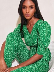 Lipsy Green Puff Sleeve V Neck Wide Leg Jumpsuit - Image 3 of 4