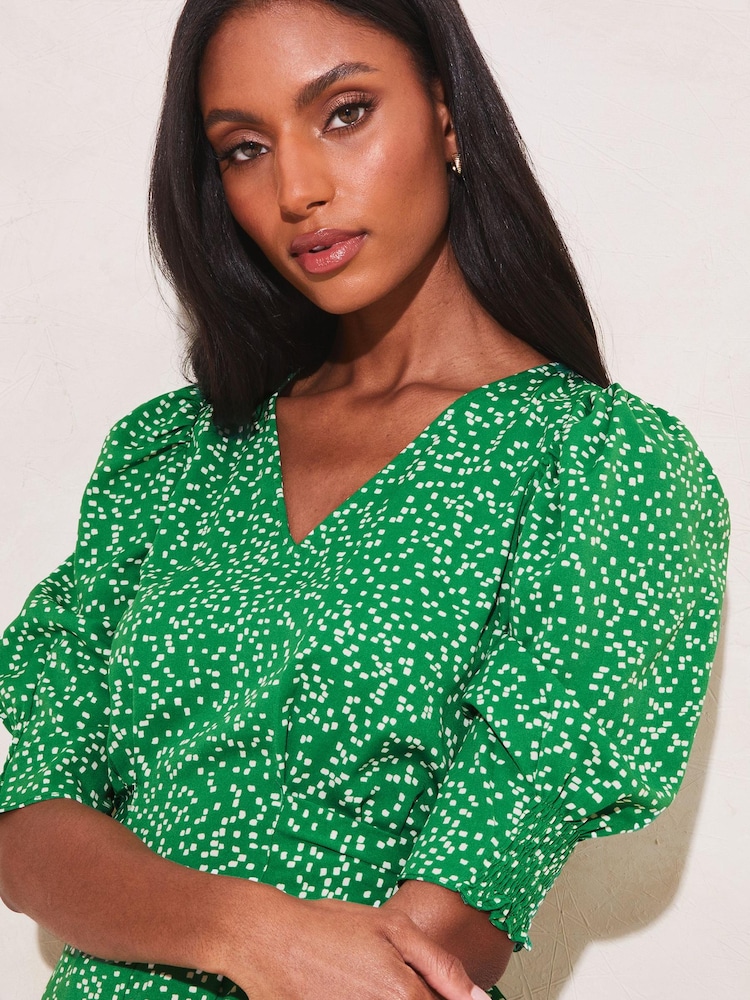 Lipsy Green Puff Sleeve V Neck Wide Leg Jumpsuit - Image 4 of 4