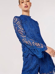Apricot Blue Guipure Scallop Lace High Neck Top - Image 1 of 1