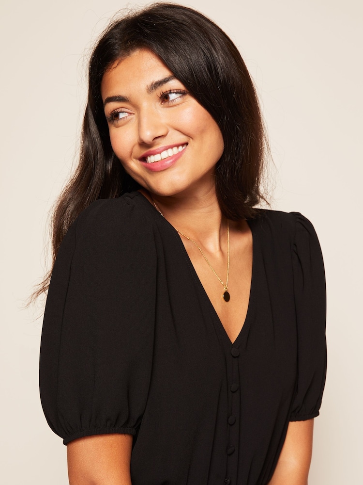 Friends Like These Black Petite Puff Sleeve Ruched Waist V Neck Midi Dress - Image 4 of 4 Friends Like These Black Petite Puff Sleeve Ruched Waist V Neck Midi Dress - Image 4 of 4