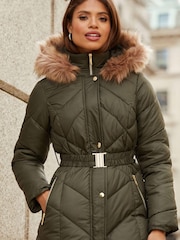 Lipsy Khaki Green Longline Belted Fur Hood Puffer Padded Coat - Image 2 of 4