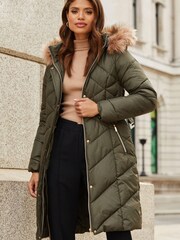 Lipsy Khaki Green Longline Belted Fur Hood Puffer Padded Coat - Image 3 of 4