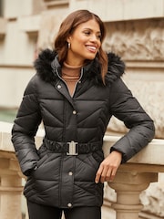 Lipsy Black Short Belted  Faux Fur Hood Padded Coat - Image 1 of 4