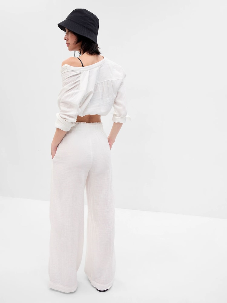 Gap White Crinkle Gauze Wide Leg Cotton Trousers - Image 2 of 6