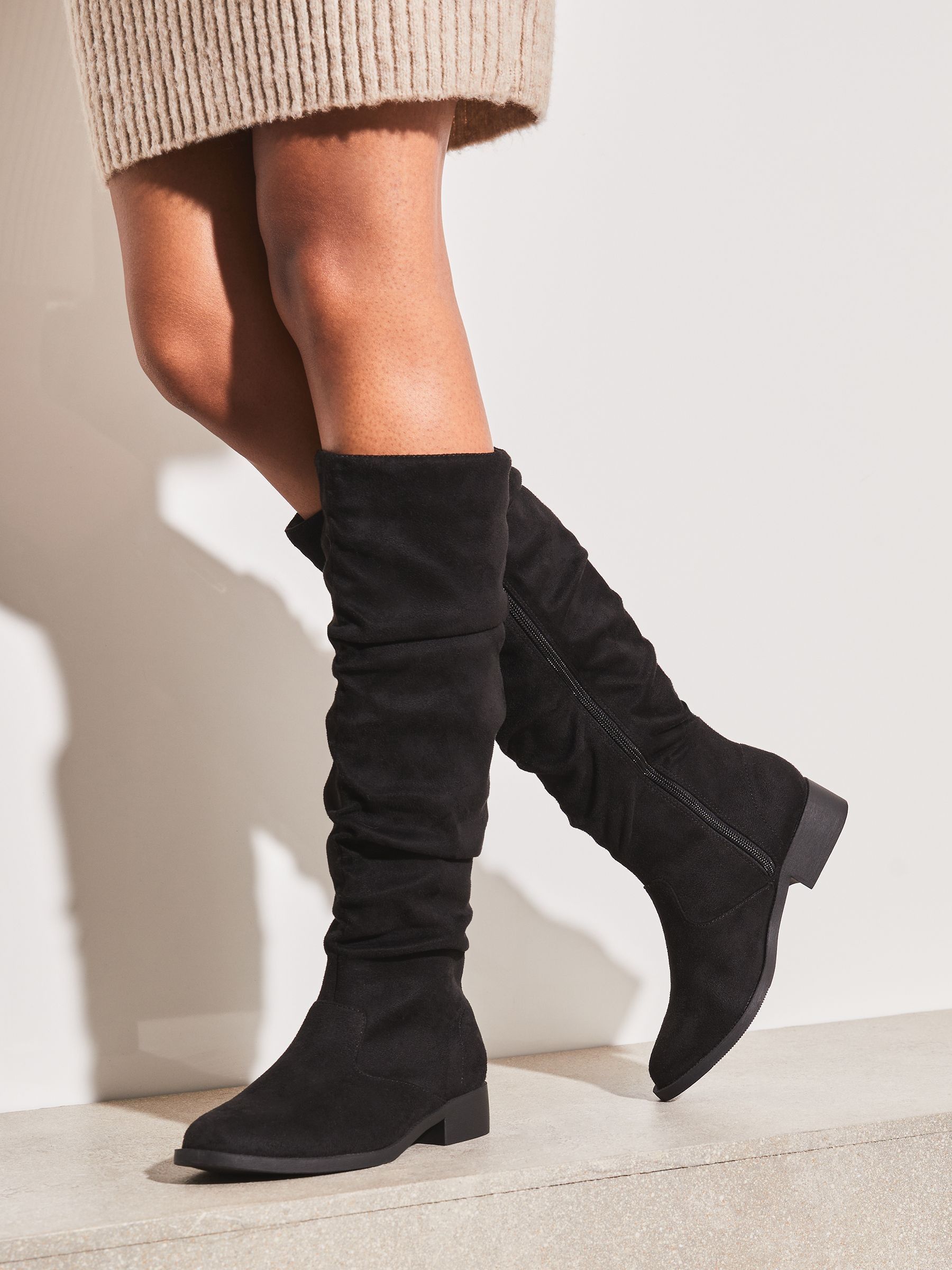 Buy Lipsy Black Regular Fit Suedette Ruched Knee High Boot from the Next UK online shop