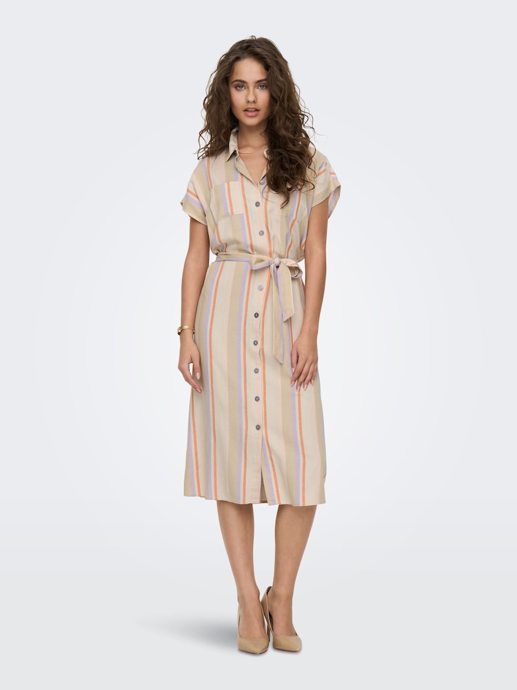 ONLY Cream Stripe Shirt Dress Contains Linen - Image 1 of 5