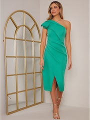 Chi Chi London Green Petite One Shoulder Wrap Detail Midi Dress - Image 1 of 4