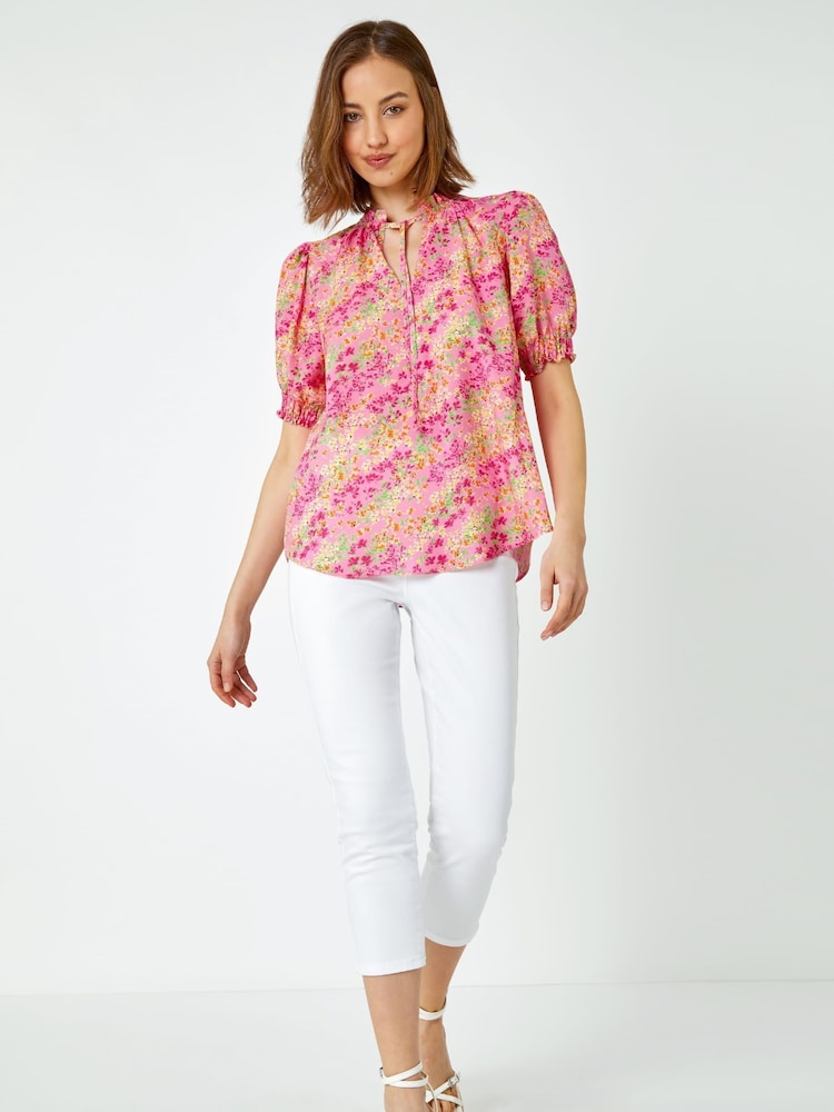 Roman Pink Ditsy Floral Ruffle Neck Blouse - Image 1 of 5 Roman Pink Ditsy Floral Ruffle Neck Blouse - Image 1 of 5