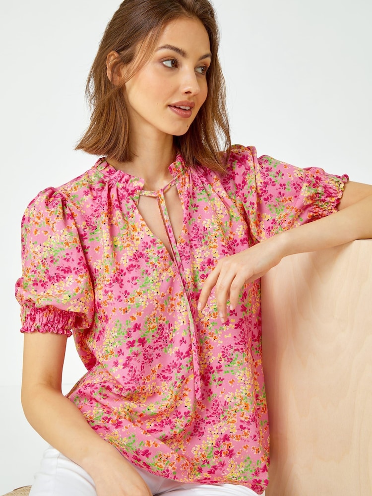Roman Pink Ditsy Floral Ruffle Neck Blouse - Image 2 of 5
