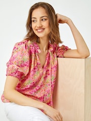 Roman Pink Ditsy Floral Ruffle Neck Blouse - Image 4 of 5