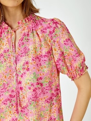 Roman Pink Ditsy Floral Ruffle Neck Blouse - Image 5 of 5
