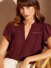 Love & Roses Burgundy Red Red Petite Dobby Spot Ruffle V Neck Flutter Sleeve Blouse - Image 1 of 4