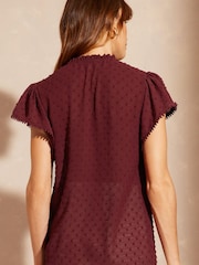 Love & Roses Burgundy Red Red Petite Dobby Spot Ruffle V Neck Flutter Sleeve Blouse - Image 3 of 4