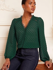 Love & Roses Forest Green V Neck Lace Long Sleeve Lace Trim Dobby Spot Blouse - Image 1 of 4