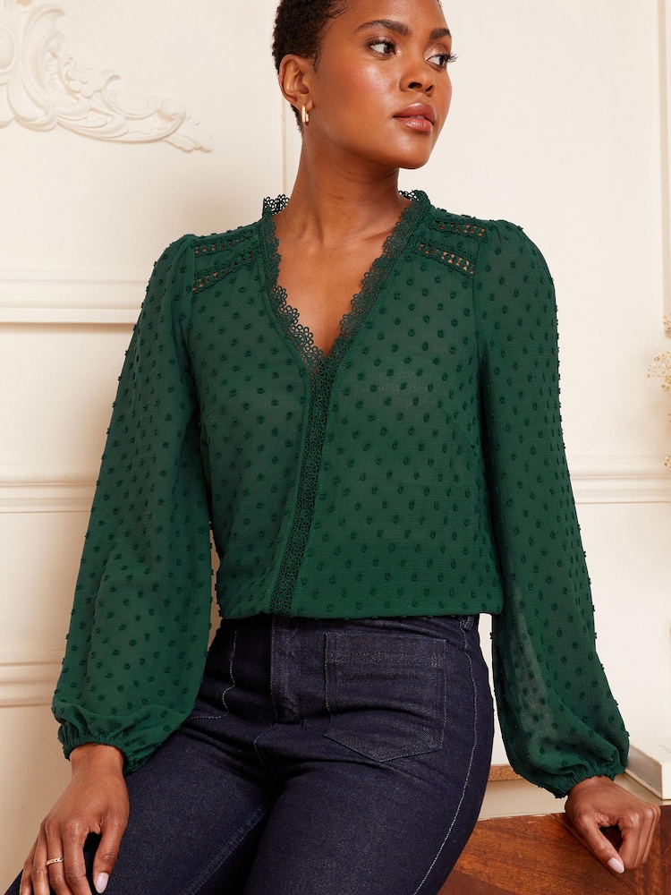 Love & Roses Forest Green V Neck Lace Long Sleeve Lace Trim Dobby Spot Blouse - Image 1 of 4