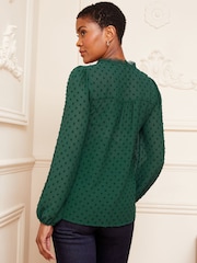 Love & Roses Forest Green V Neck Lace Long Sleeve Lace Trim Dobby Spot Blouse - Image 2 of 4