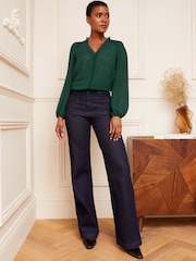 Love & Roses Forest Green V Neck Lace Long Sleeve Lace Trim Dobby Spot Blouse - Image 3 of 4