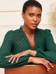 Love & Roses Forest Green V Neck Lace Long Sleeve Lace Trim Dobby Spot Blouse - Image 4 of 4