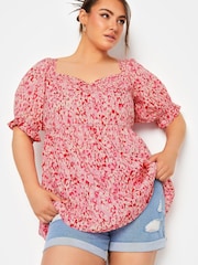 Yours Curve Pink Limited Sweetheart Puff Sleeve Top - Image 1 of 4