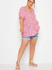 Yours Curve Pink Limited Sweetheart Puff Sleeve Top - Image 2 of 4