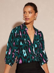 Love & Roses Blue Embroidered V Neck 3/4 Sleeve Blouse - Image 1 of 4