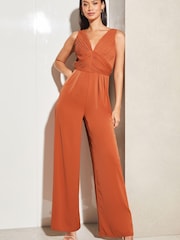 Lipsy Orange Sleeveless V Neck Pleated Wide Leg Jumpsuit - Image 1 of 1