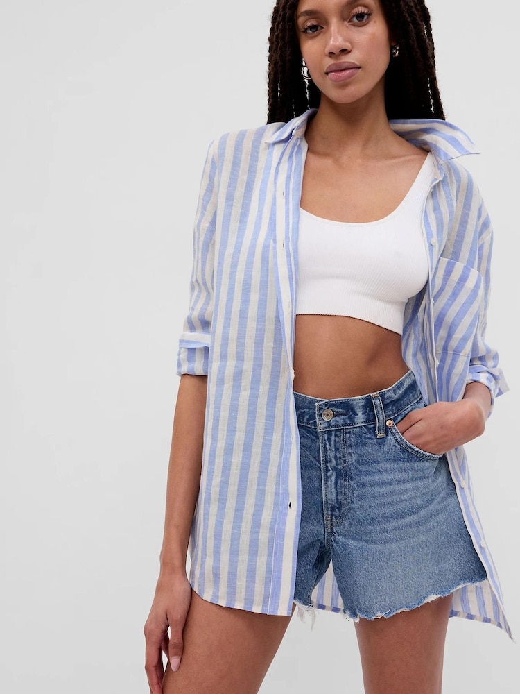 Gap Beige/White Linen Boyfriend Shirt - Image 1 of 2 Gap Beige/White Linen Boyfriend Shirt - Image 1 of 2