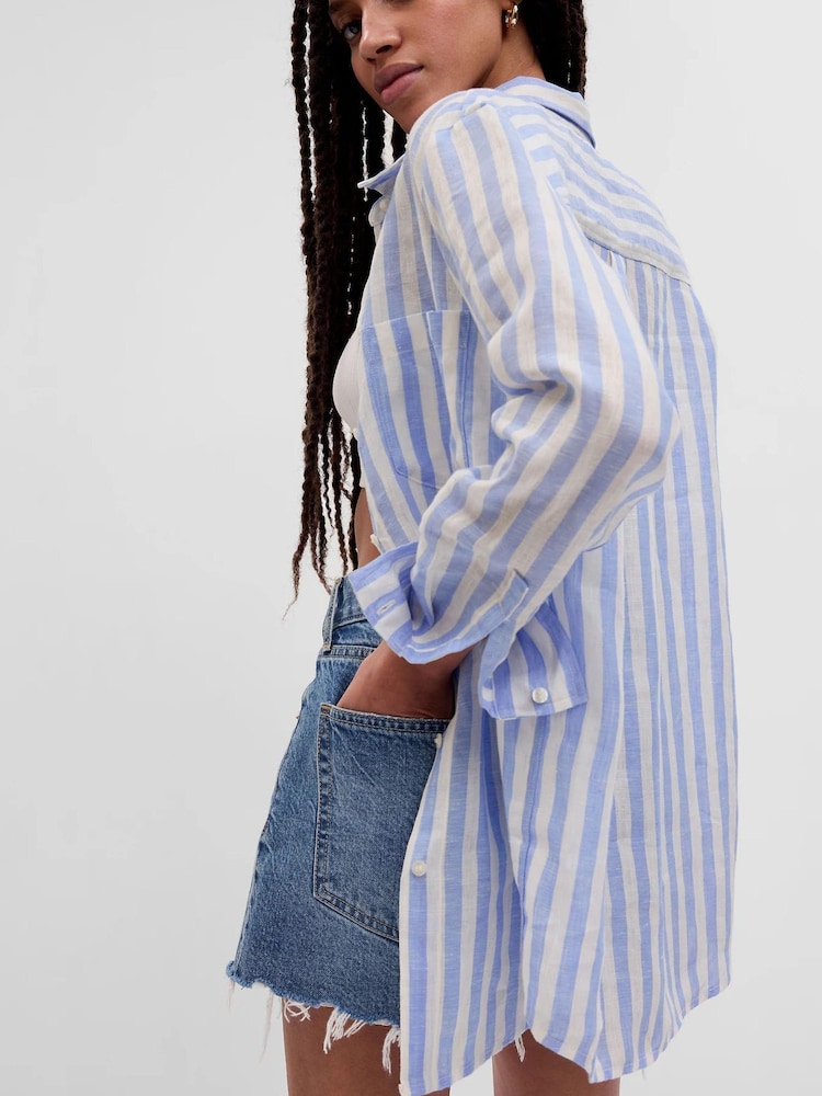 Gap Beige/White Linen Boyfriend Shirt - Image 2 of 2 Gap Beige/White Linen Boyfriend Shirt - Image 2 of 2