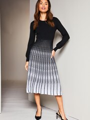 Lipsy Black/White Petite 2 in 1 Pleated Knitted Long Sleeve Midi Dress - Image 1 of 4