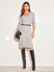Lipsy Grey Petite V Neck Cable Knit Jumper Dress - Image 1 of 4
