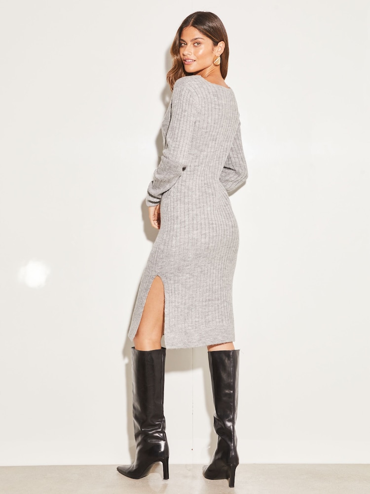 Lipsy Grey Petite V Neck Cable Knit Jumper Dress - Image 3 of 3 Lipsy Grey Petite V Neck Cable Knit Jumper Dress - Image 3 of 3