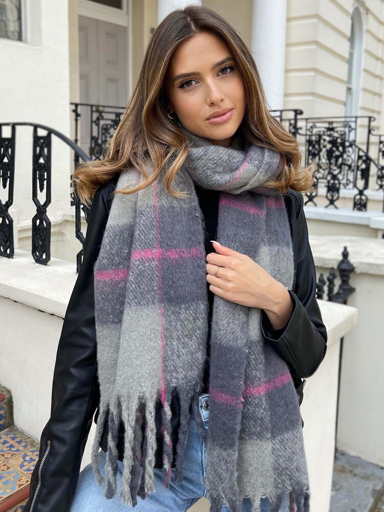 Lipsy Grey, White And Pink Super Soft Chunky Brushed Large Scarf - Image 1 of 4 Lipsy Grey, White And Pink Super Soft Chunky Brushed Large Scarf - Image 1 of 4