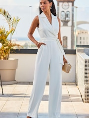 Sosandar Cream Wide Leg Halterneck Tailored Jumpsuit - Image 2 of 5