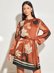 Lipsy Rust Floral Long Flared Sleeve Round Neck Belted Shift Dress - Image 1 of 4
