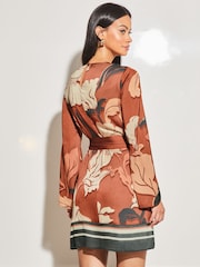 Lipsy Rust Floral Long Flared Sleeve Round Neck Belted Shift Dress - Image 2 of 4