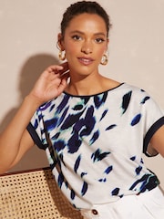 Love & Roses Ivory Blue Animal Print Roll Sleeve Round Neck T-Shirt - Image 1 of 4