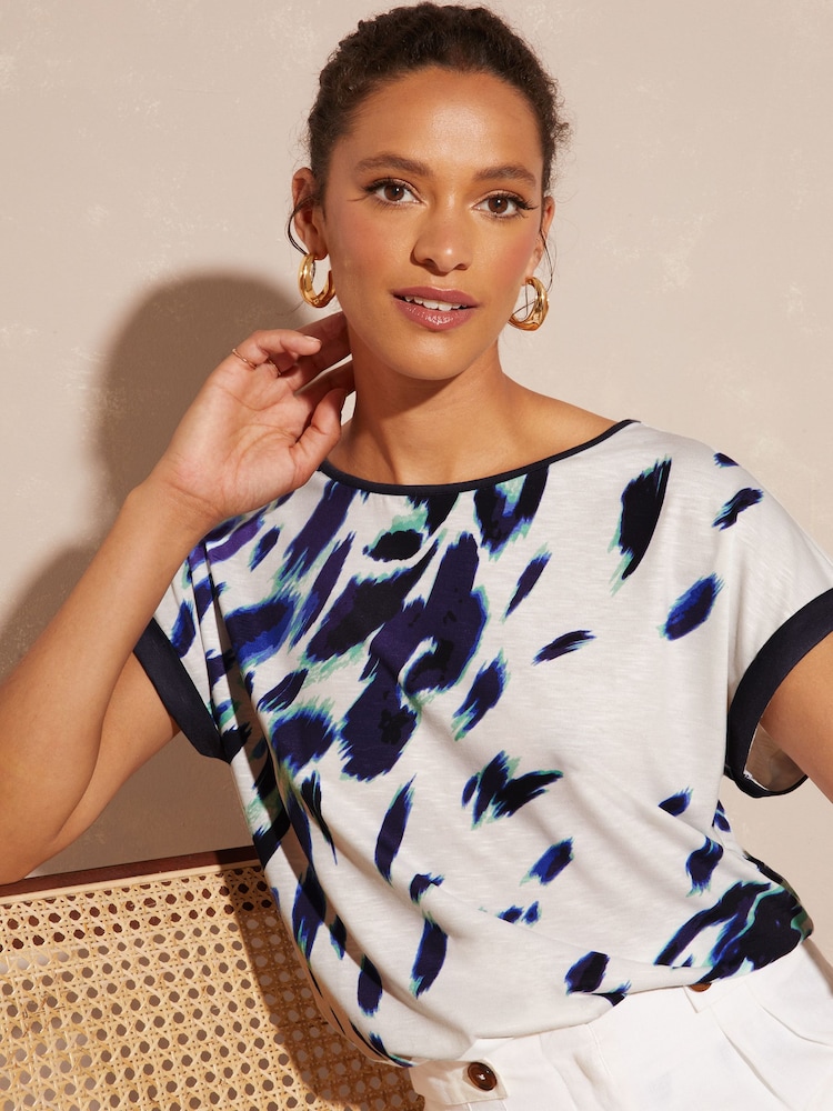 Love & Roses Ivory Blue Animal Print Roll Sleeve Round Neck T-Shirt - Image 1 of 4
