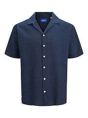 JACK & JONES Navy Blue Seersucker Resort Shirt - Image 1 of 1
