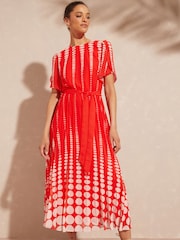 Love & Roses Red Spot Printed Tulip Sleeve Belted Pleated Midi Summer Dress - Image 1 of 4