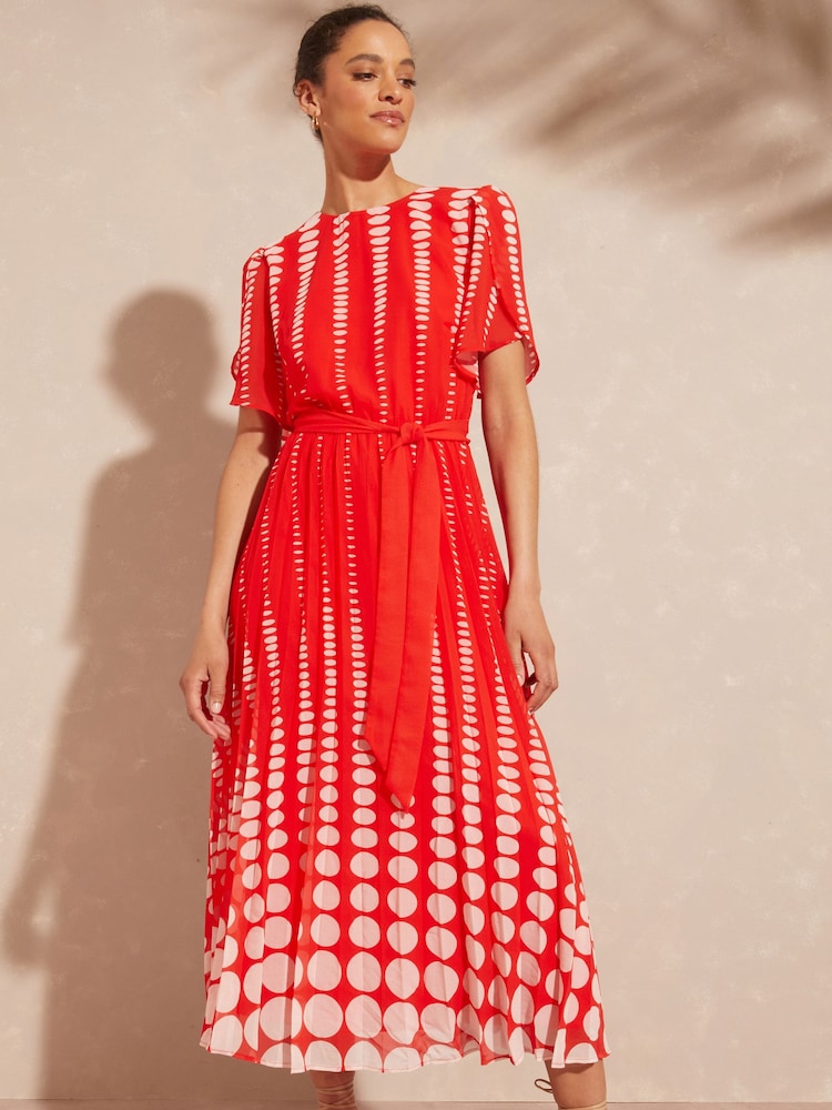 Love & Roses Red Spot Printed Tulip Sleeve Belted Pleated Midi Summer Dress - Image 1 of 4