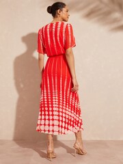 Love & Roses Red Spot Printed Tulip Sleeve Belted Pleated Midi Summer Dress - Image 2 of 4