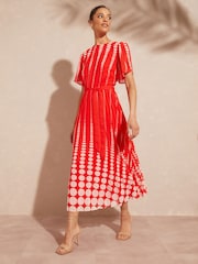 Love & Roses Red Spot Printed Tulip Sleeve Belted Pleated Midi Summer Dress - Image 3 of 4