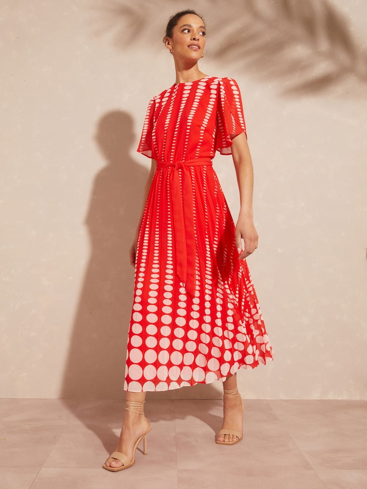 Love & Roses Red Spot Printed Tulip Sleeve Belted Pleated Midi Summer Dress - Image 3 of 4