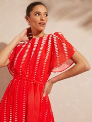 Love & Roses Red Spot Printed Tulip Sleeve Belted Pleated Midi Summer Dress - Image 4 of 4