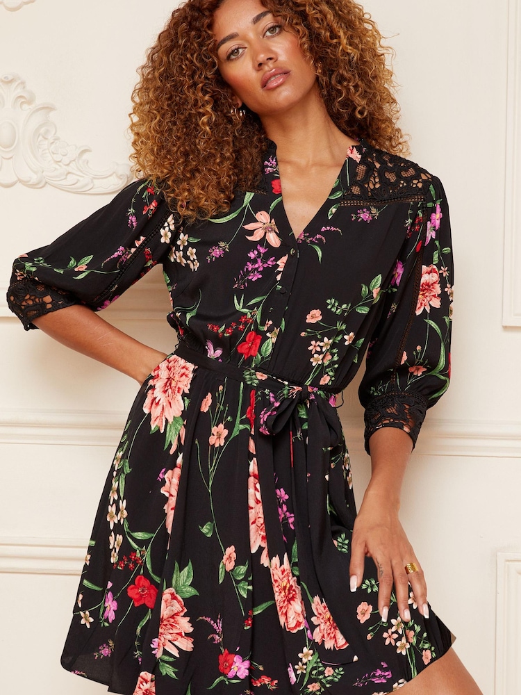 Love & Roses Black Lace Yoke V Neck 3/4 Sleeve Woven Mini Dress - Image 1 of 4