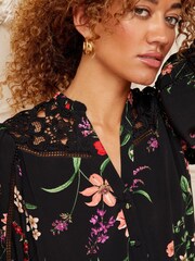 Love & Roses Black Lace Yoke V Neck 3/4 Sleeve Woven Mini Dress - Image 2 of 4