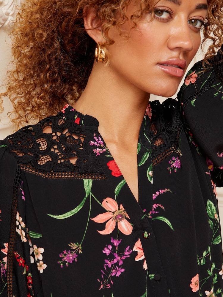 Love & Roses Black Lace Yoke V Neck 3/4 Sleeve Woven Mini Dress - Image 2 of 4
