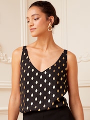 Love & Roses Black and Gold Metallic V Neck V Back Woven Vest - Image 1 of 3