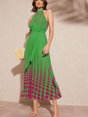 Love & Roses Green and Pink Spot Printed Halter Pleated Belted Midi Dress - Image 1 of 4