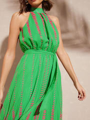 Love & Roses Green and Pink Spot Printed Halter Pleated Belted Midi Dress - Image 2 of 4